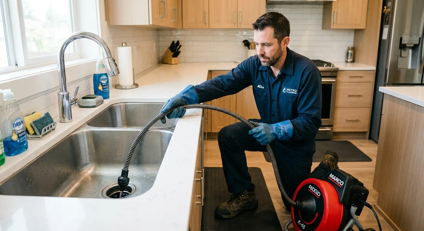 Drain cleaning technician using a motorized snake on a kitchen sink in Calumet Park