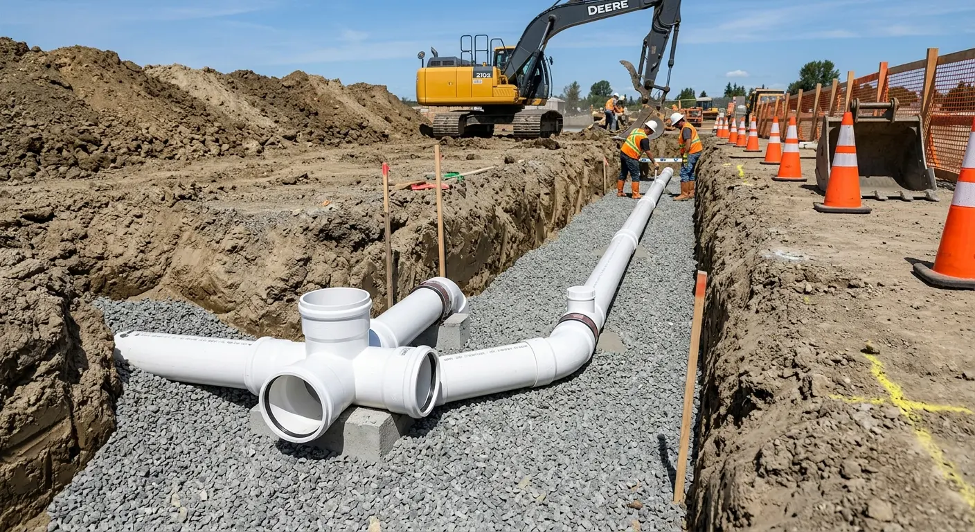 New PVC sewer pipe installation in open trench for Sewer Backup in Calumet Park