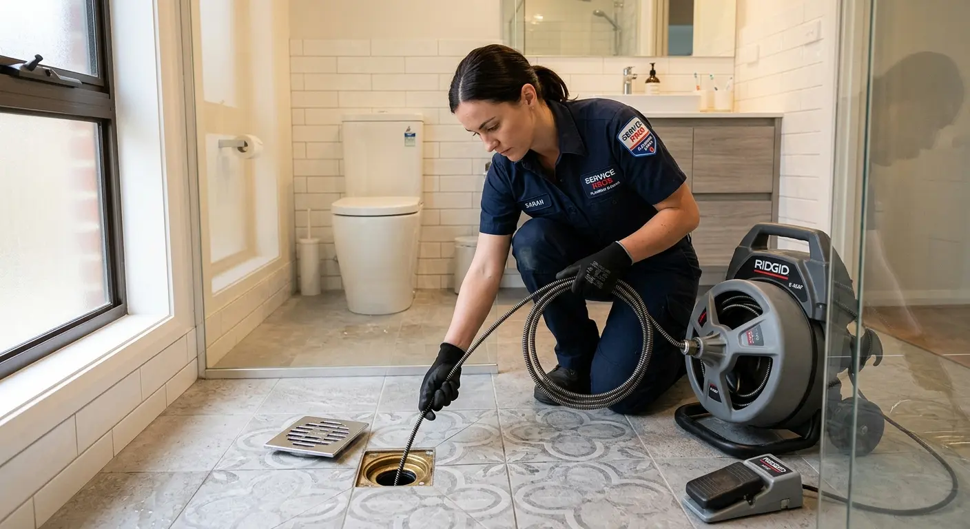 Technician clearing a bathroom floor drain for Sewer Line Replacement in Calumet Park